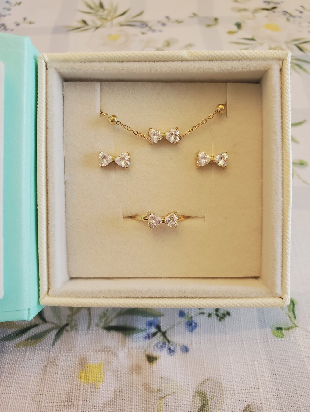 Gold Bow Jewelry Set - Earrings, Ring, Bracelet